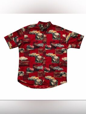 Mens XL Red Vintage Car Print Button Up Shirt Retro Rockabilly Camp Shirt